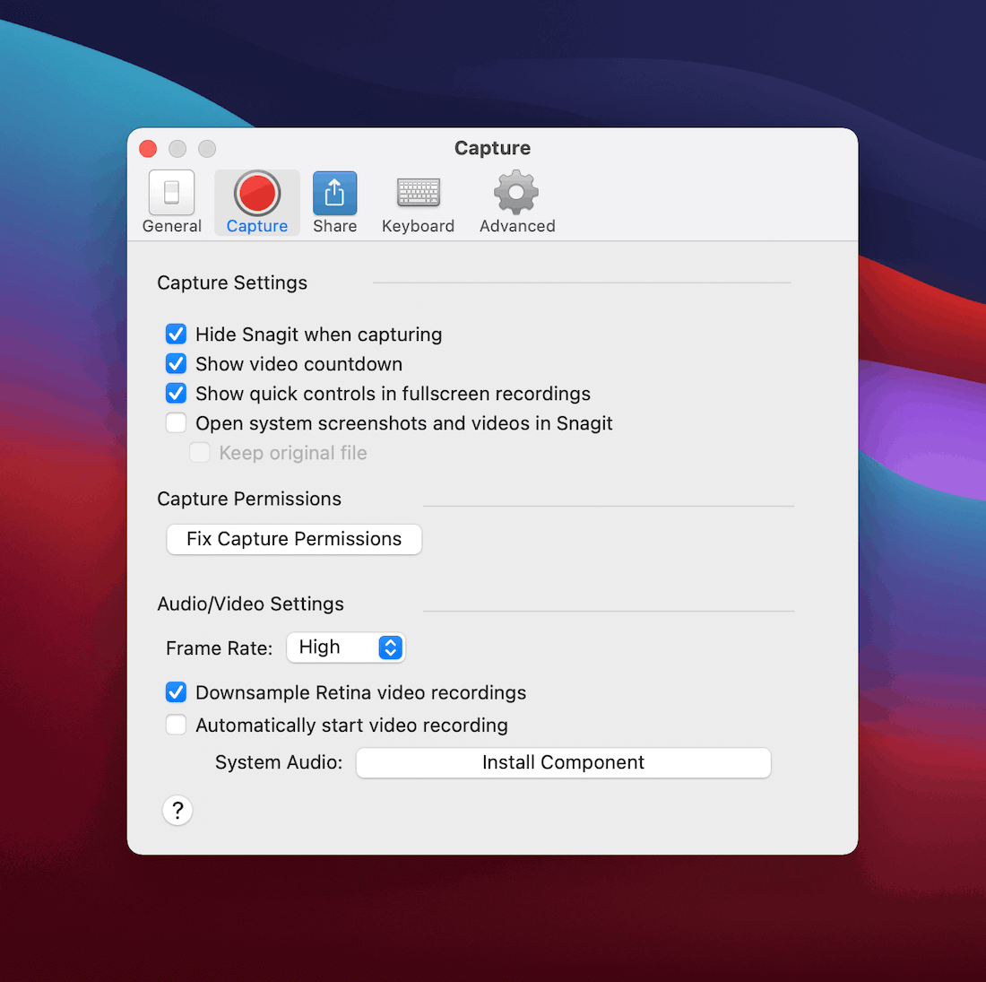 Snagit’s open settings.