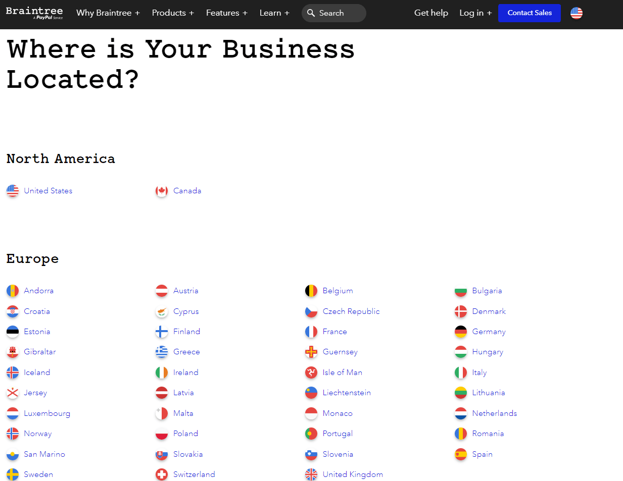 Braintree - Liste des pays disponibles.