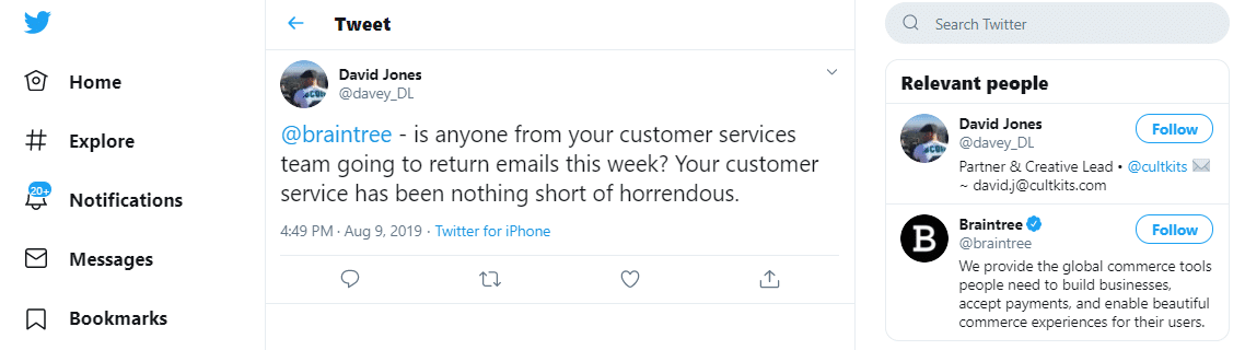 Braintree customer tweet.