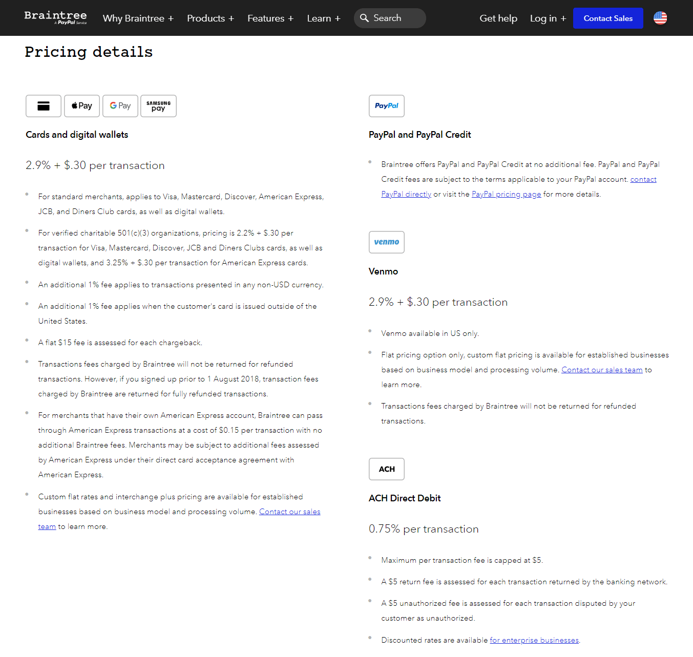Braintree pricing details page.