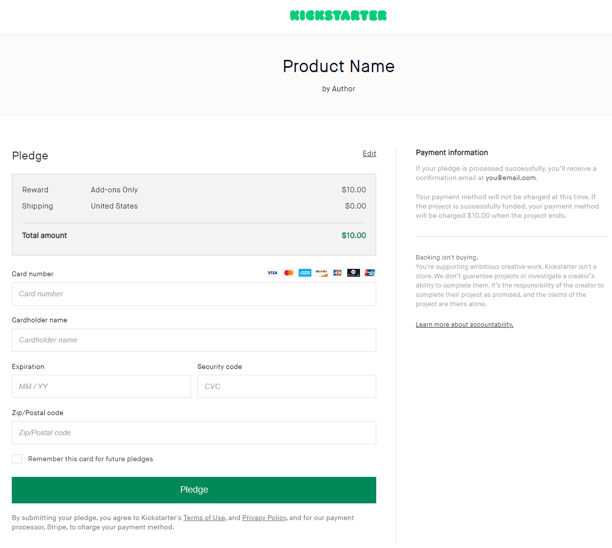 Página de checkout do Kickstarter.