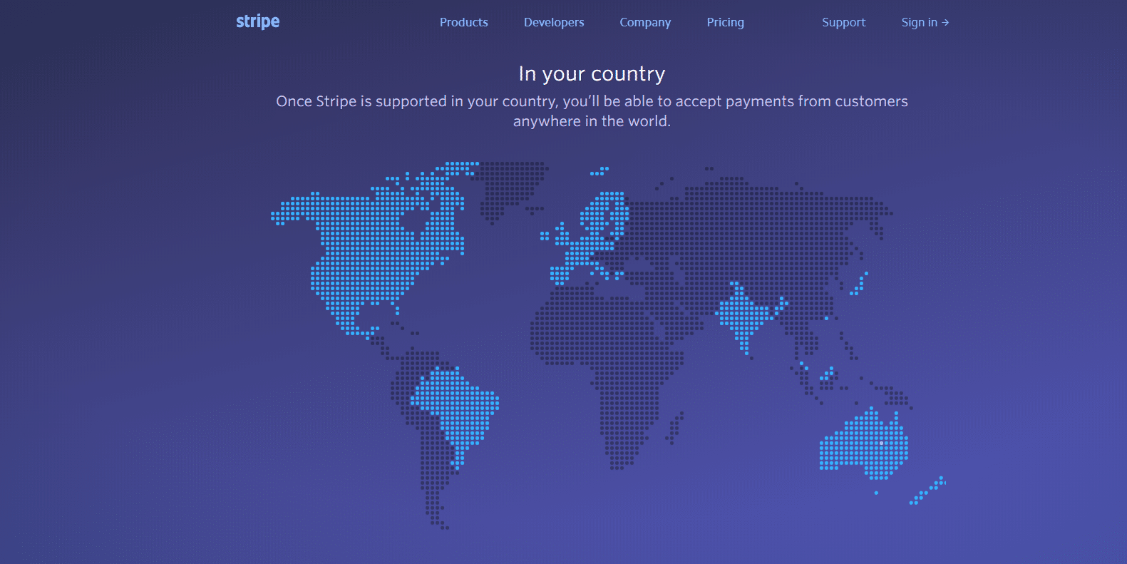 Mappa del mondo dei Paesi disponibili per Stripe.