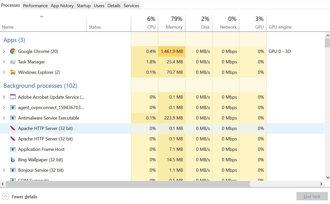 Cercare le istanze di "httpd" o "Apache" nel Task Manager per trovare altri server Apache che potrebbero bloccare MAMP