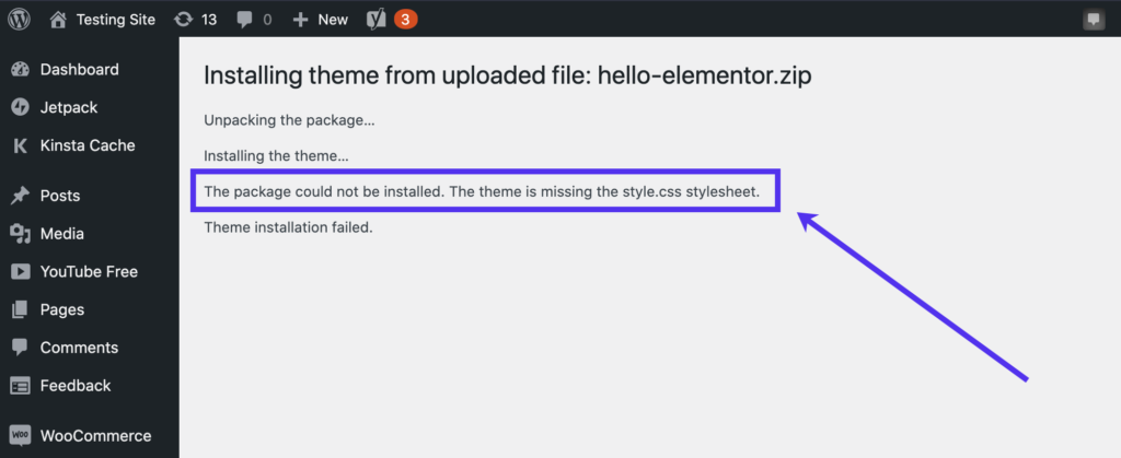 How to fix "The package could not be installed. The theme is missing ...