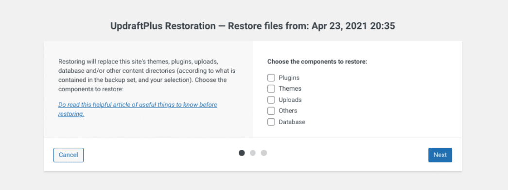 restaurando um backup do UpdraftPlus WordPress.