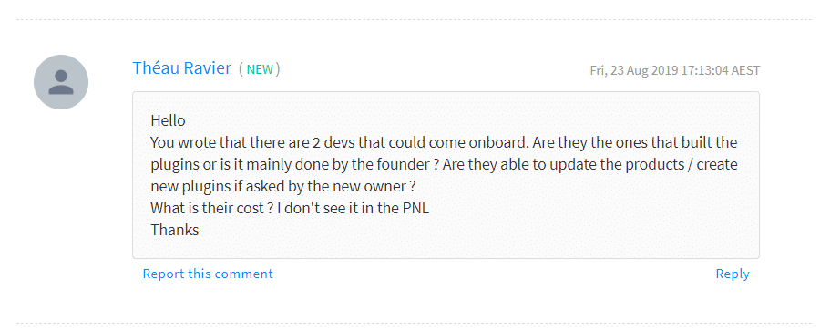 Flippa掲載サイトに対するコメント（開発者の助けをどれだけ借りられるかという質問）