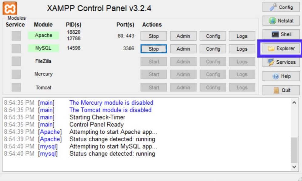 Der Explorer-Button im XAMPP Control Panel öffnet einen Dateibrowser.