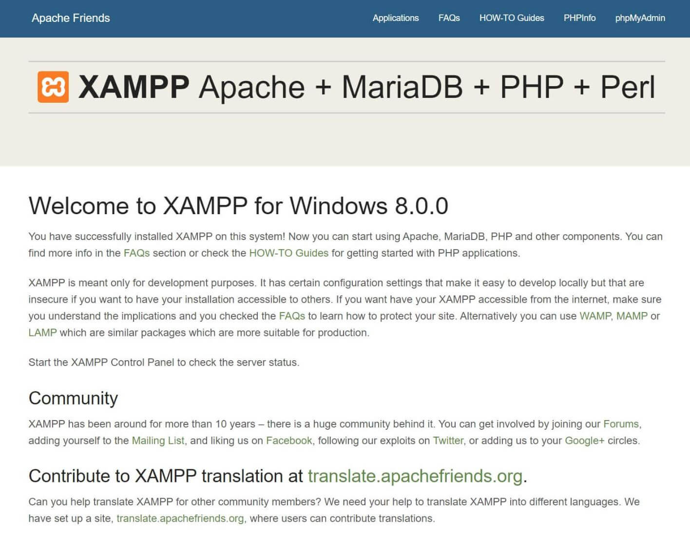 Die XAMPP "localhost/dashboard" Seite.