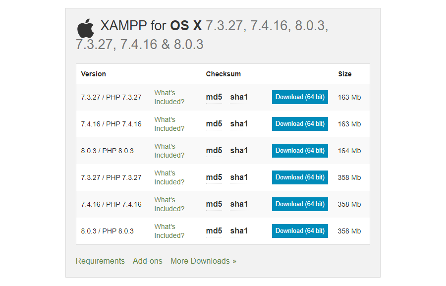XAMPP OSX downloadlijst.