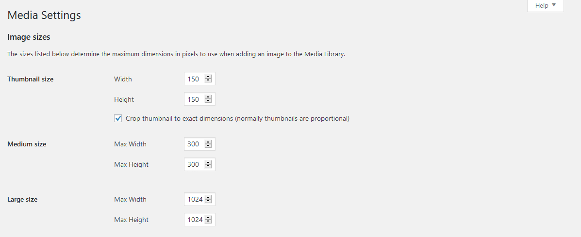 WordPress Media Settings waar je de standaard afbeeldingsafmetingen kan wijzigen.