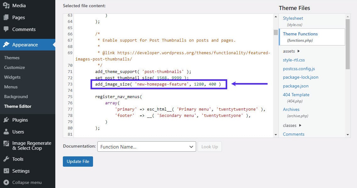 Lägg till anpassade bildstorleksdimensioner till functions.php.