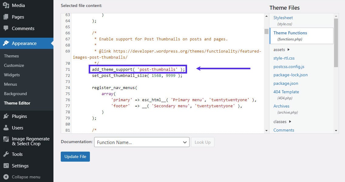 Adding the hook for custom image sizes to functions.php.