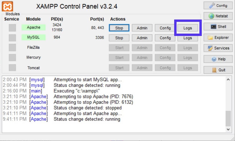 The Logs button to open the Apache error logs.