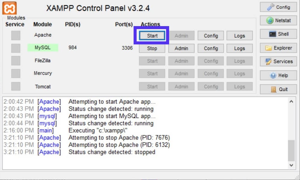 De XAMPP Start knop om Apache weer te activeren.