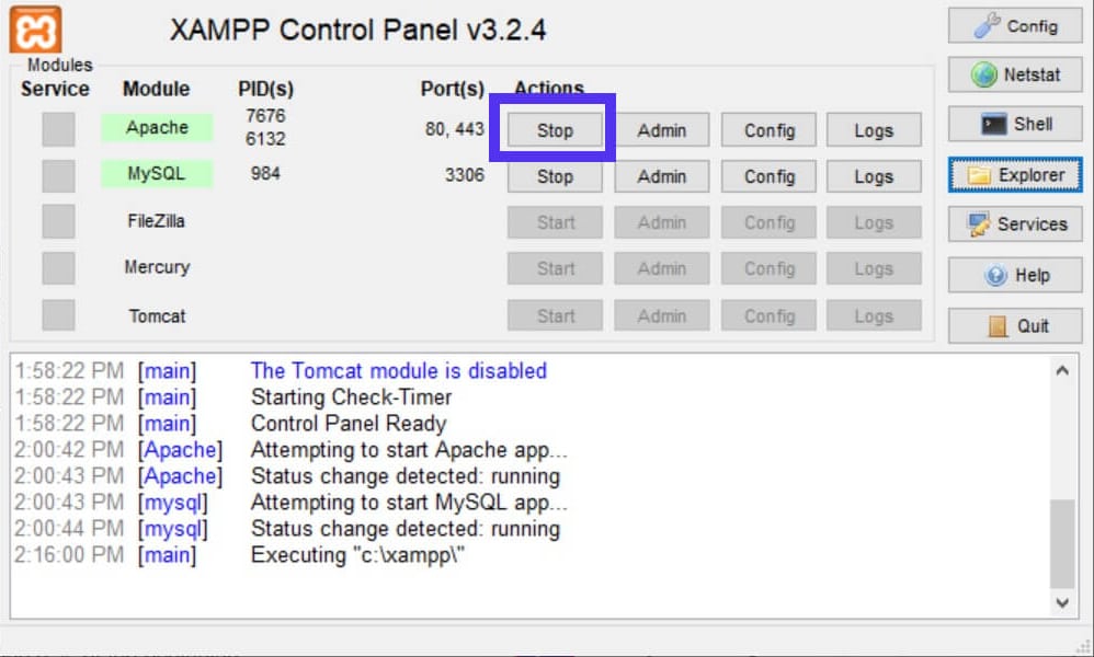 The XAMPP Stop button to deactivate Apache.