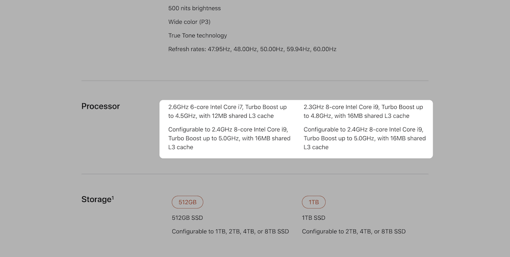 The Apple MacBook specs, showing a built-in cache. Especificaciones del MacBook de Apple, mostrando un caché incorporado.