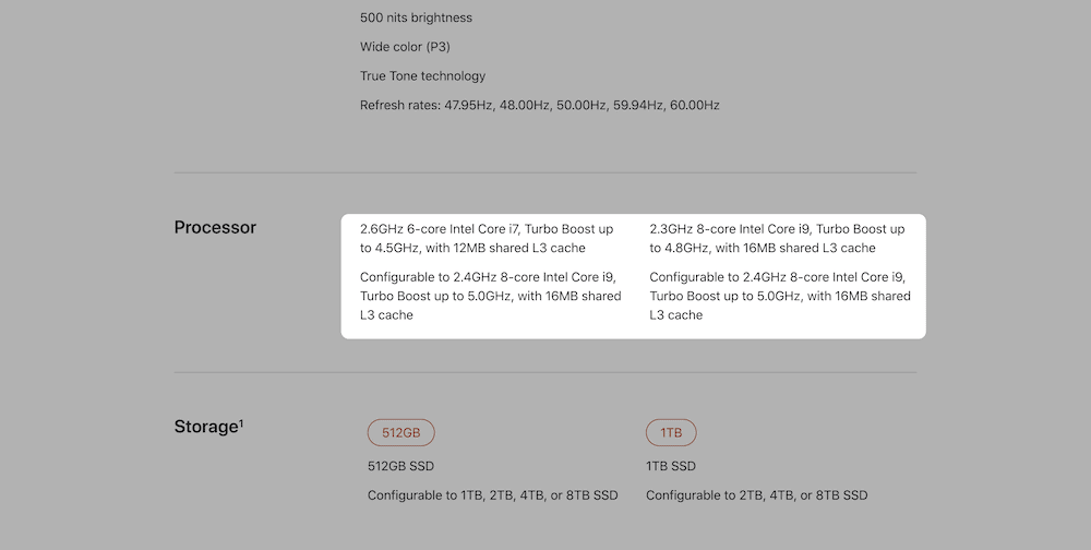 The Apple MacBook specs, showing a built-in cache.