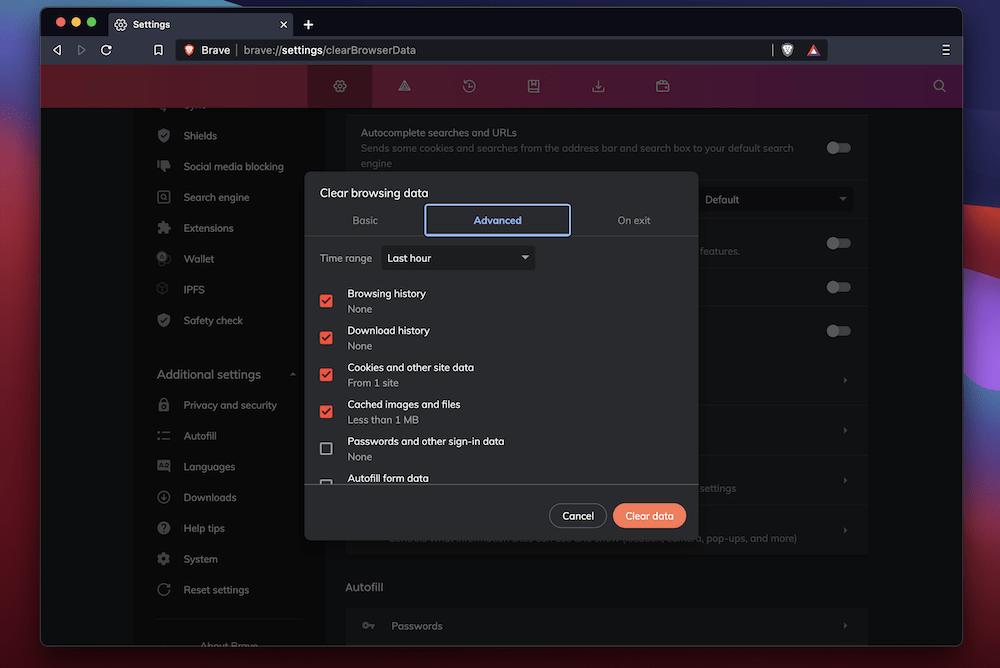 Brave's Privacy and security section. Sección de privacidad y seguridad de Brave.