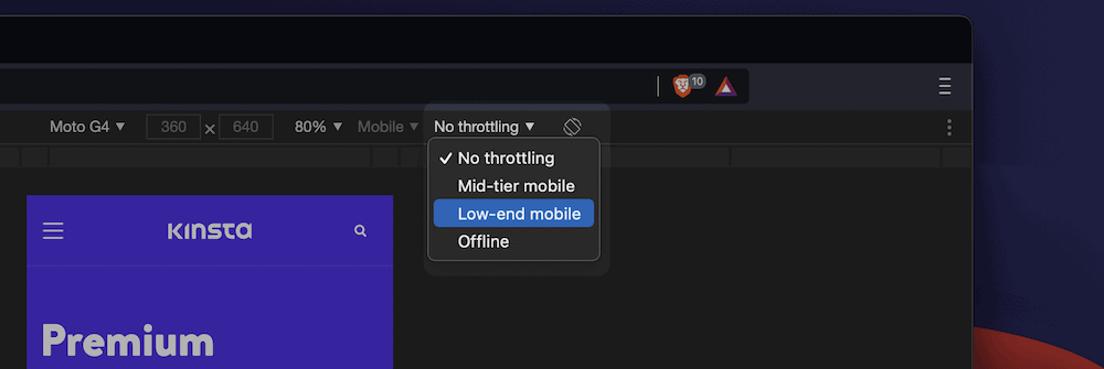 The throttling options in Brave.