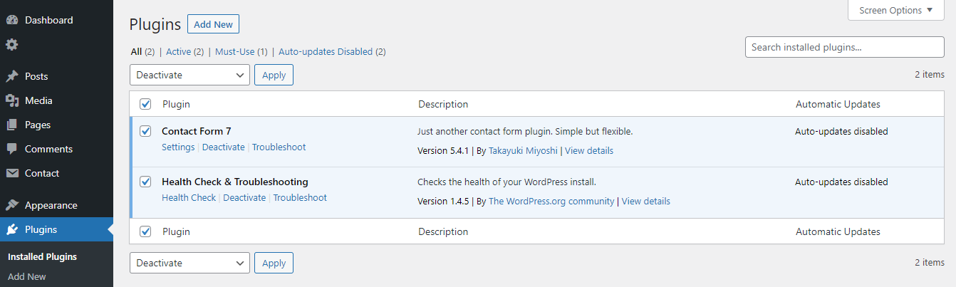 Deactivating installed plugins in WordPress.