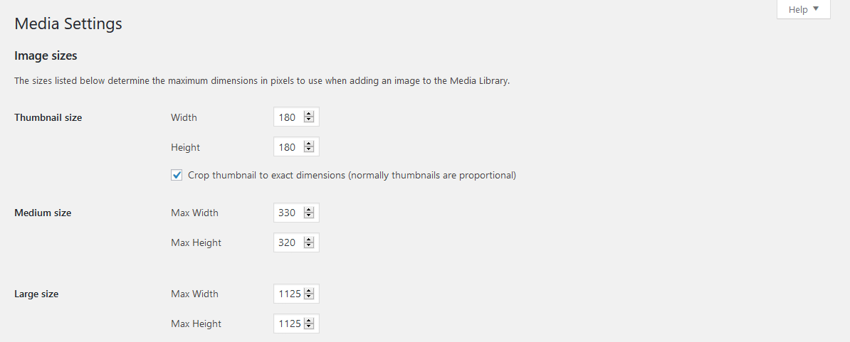 Exemplos de tamanhos de imagem atualizados em Configurações de Mídia.