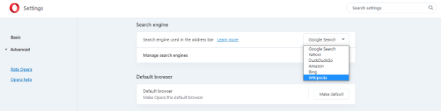 Changing the default search engine in Opera.