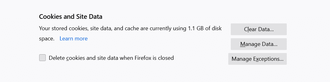 Clearing site data in Firefox.