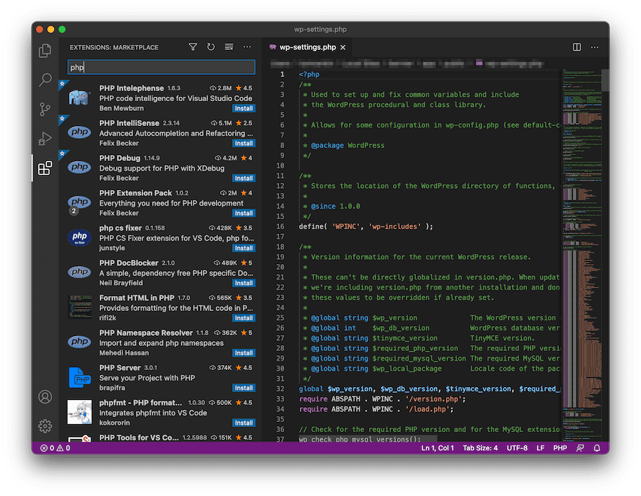 A biblioteca de extensões do Visual Studio Code.