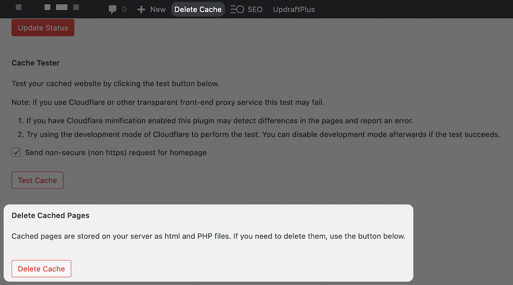 The Delete Cache button in WordPress, using WP Super Cache. El botón de borrar la caché en WordPress, usando WP Super Cache.