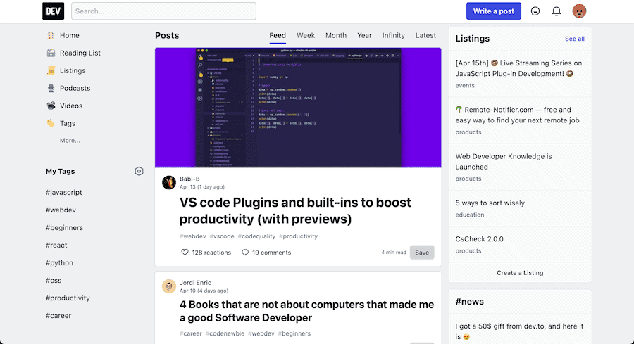 The DEV Community homepage.