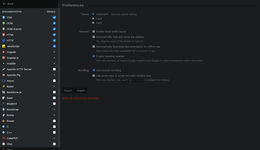 DevDocs inställningsskärm.