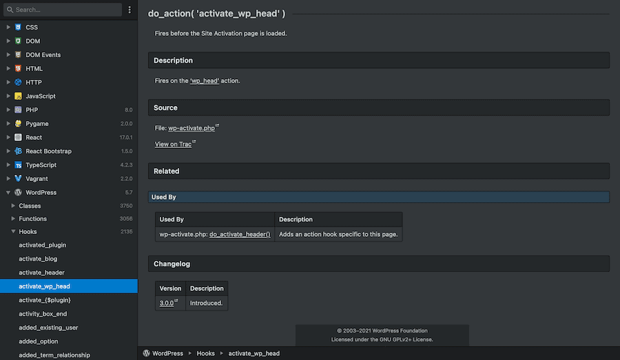 The WordPress API screen.