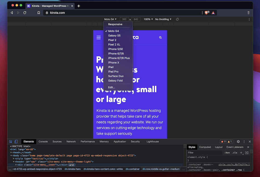 Kiezen van een apparaat dat je wil emuleren in de Inspect Element tool.