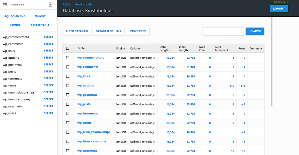 DevKinsta's Adminer-betriebener Datenbankmanager