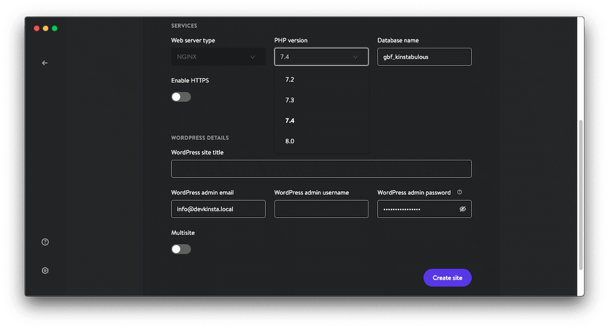 Opzioni di configurazione di DevKinsta.