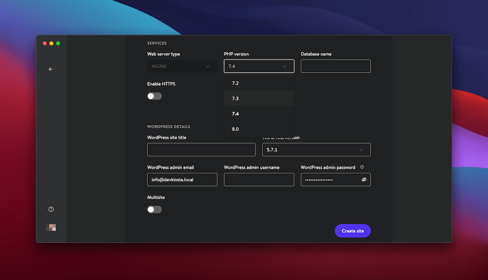 La configuración del servidor de DevKinsta.