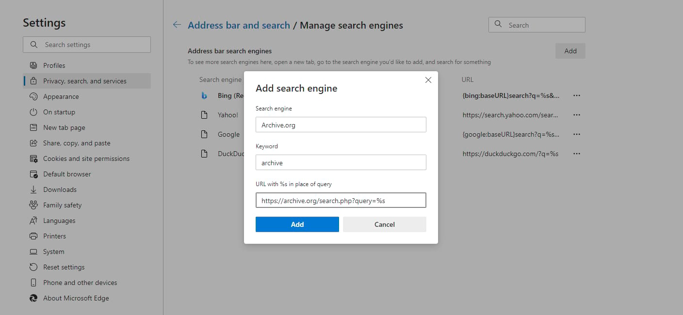 Adding a new search engine option to the address bar in Edge.