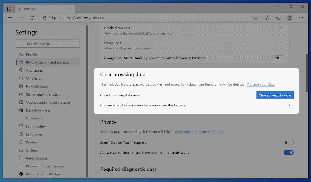 The Microsoft Edge caching options. Opciones de caché de Microsoft Edge.