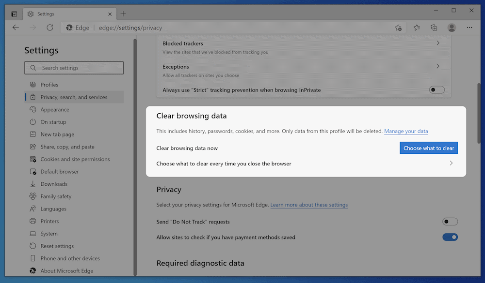 The Microsoft Edge caching options.