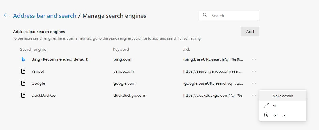 Gestisci il menu dei motori di ricerca in Edge.
