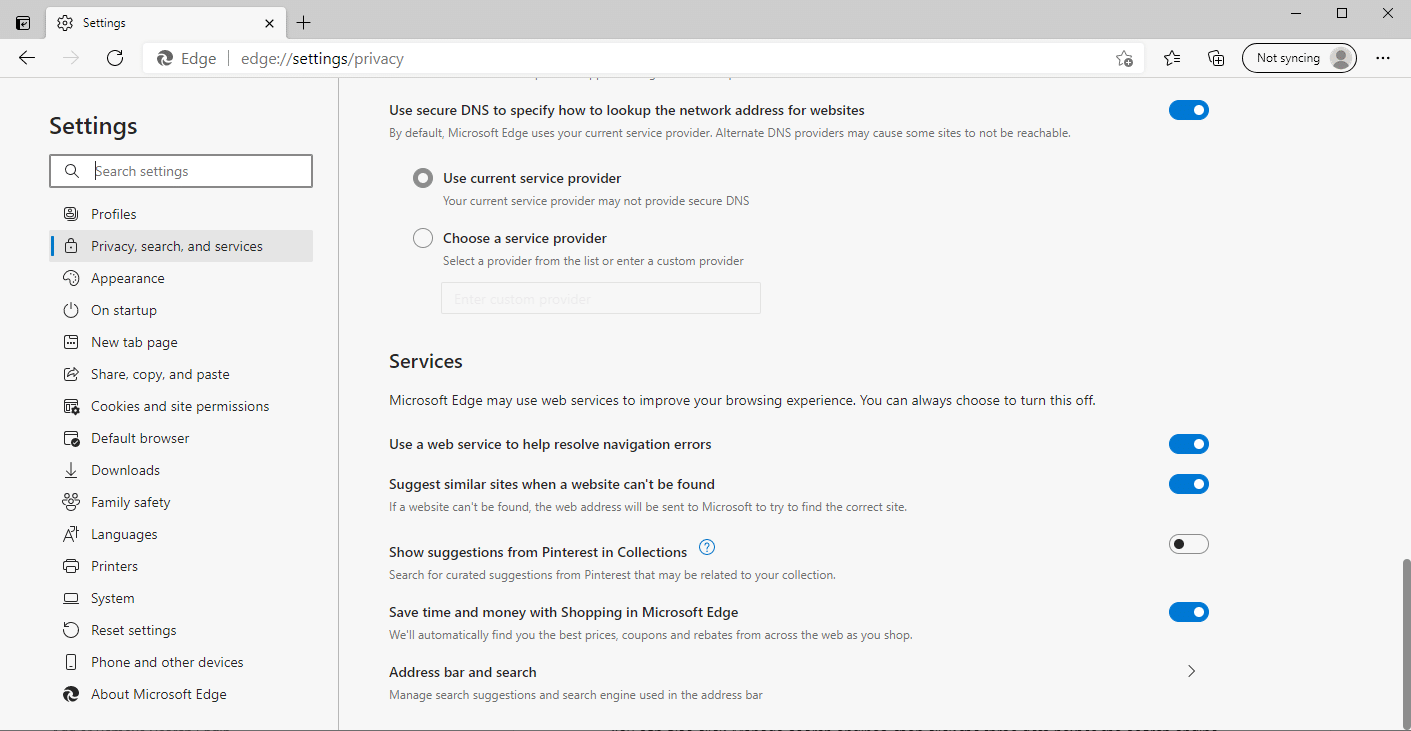 Zugriff auf das Standardmenü für Suche und Adressleiste in Edge.