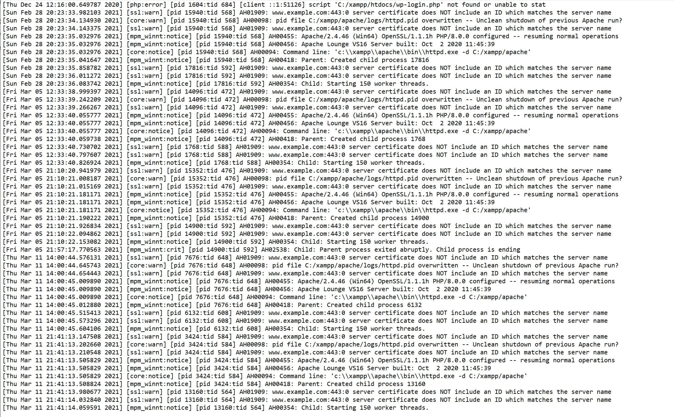 El registro de errores de XAMPP ordenado cronológicamente.