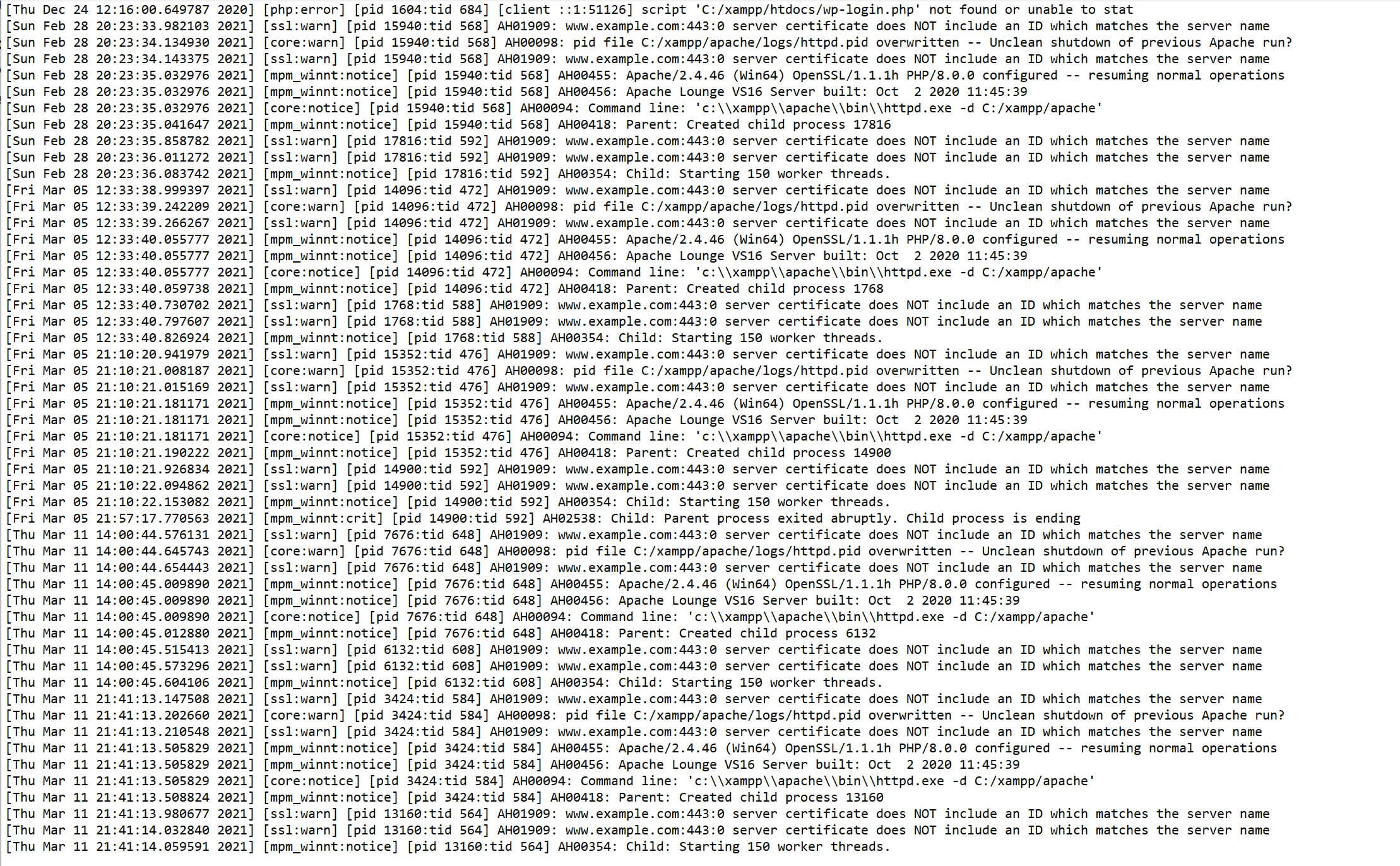 XAMPP-fejlloggen arrangeret i kronologisk rækkefølge.