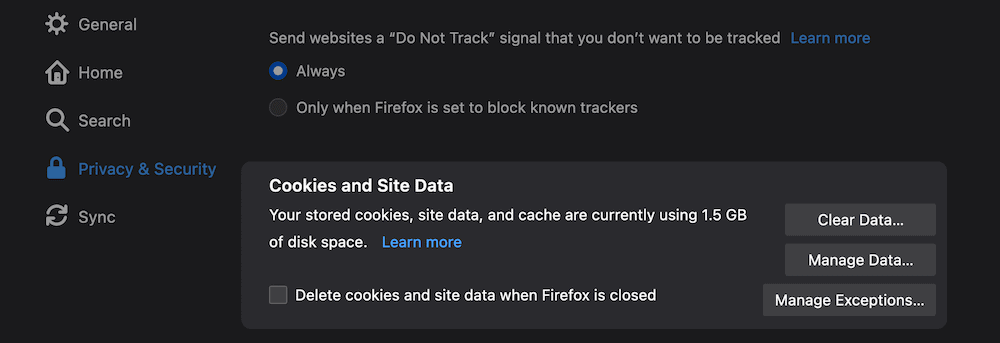 Firefox' Privacy & Security preferences. Preferencias de privacidad y seguridad de Firefox.