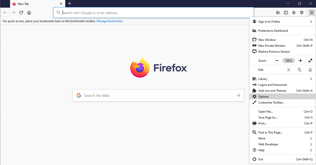 Opening the Options menu in Firefox.