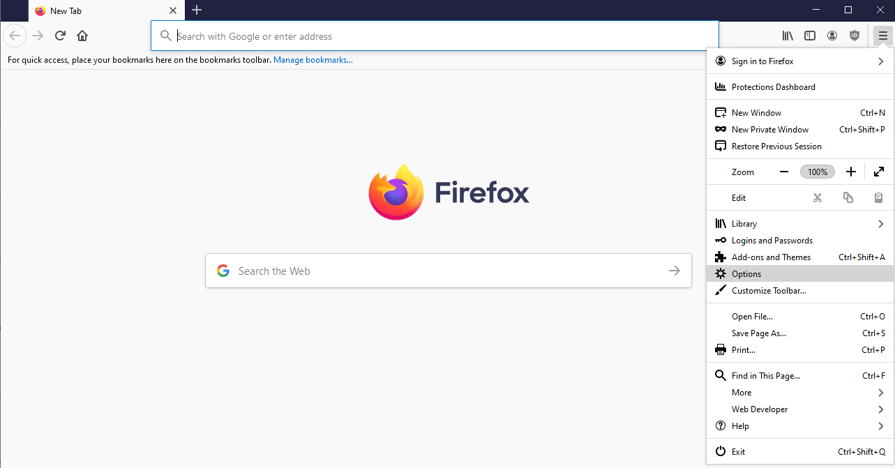 abrindo o menu de opções no Firefox.