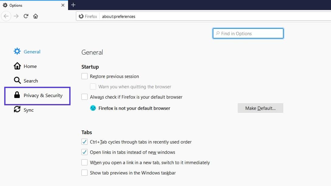 A opção do menu Privacidade e Segurança nas configurações do Firefox.