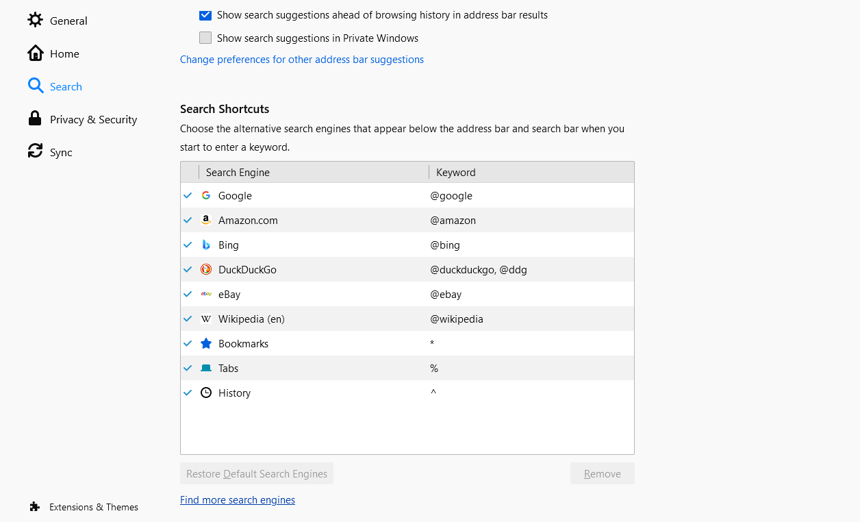 Firefox settings for adding or removing search engine extensions.