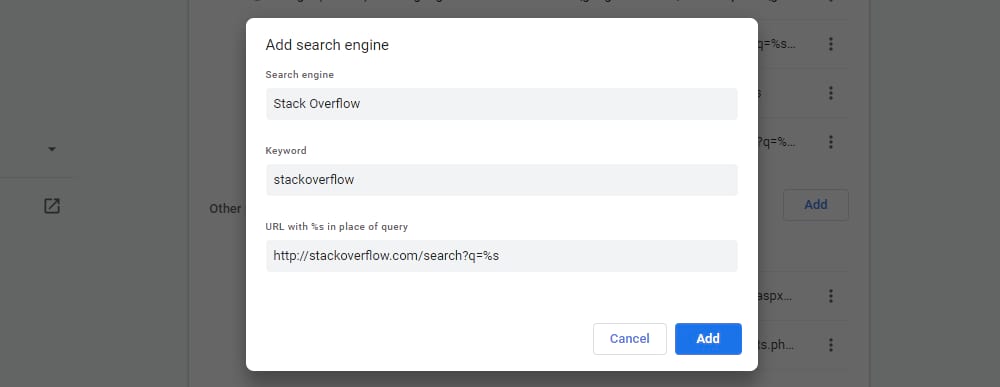 Adding search engine options in Google Chrome.