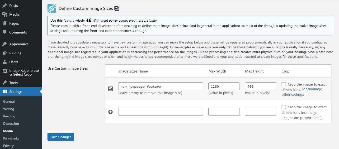 Opzioni di personalizzazione delle dimensioni delle immagini offerte dal plugin Image Regenerate & Select Crop